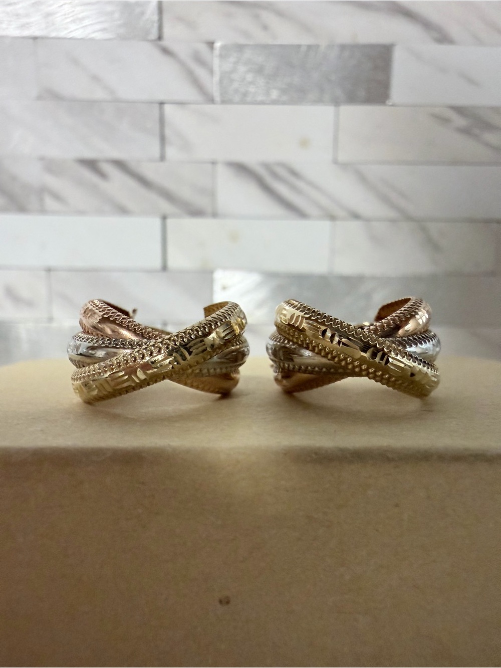 14k Solid Gold Tri-Tone Textured Hoop Earrings